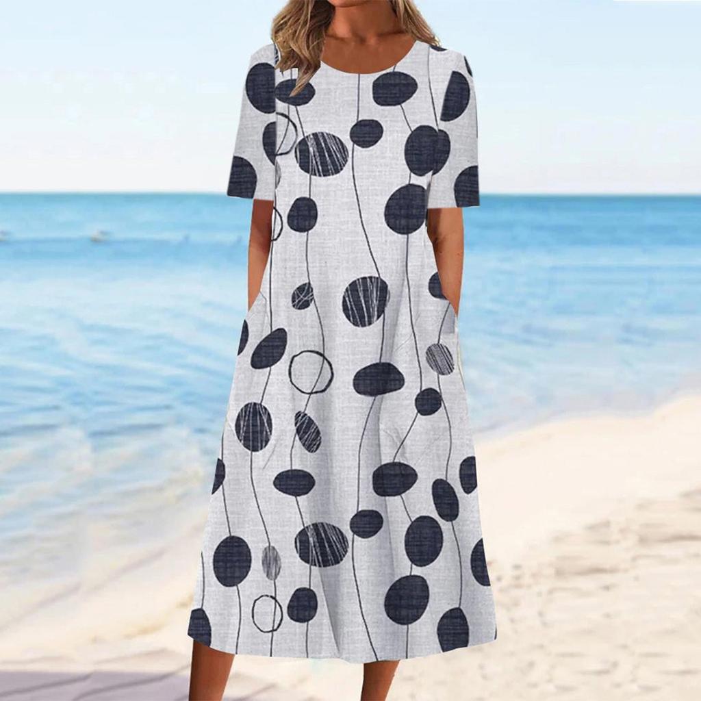 Women's Summer Casual Fashion Round Neck Printed Short Sleeve Dress With Pockets