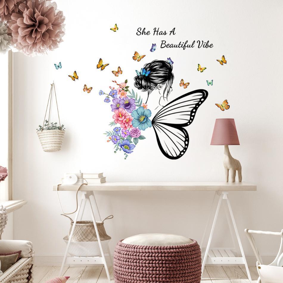 2 Pcs Wall Sticker Butterfly English Slogan Girl Flower Wall Sticker Paper Living Room Decoration Self Adhesive