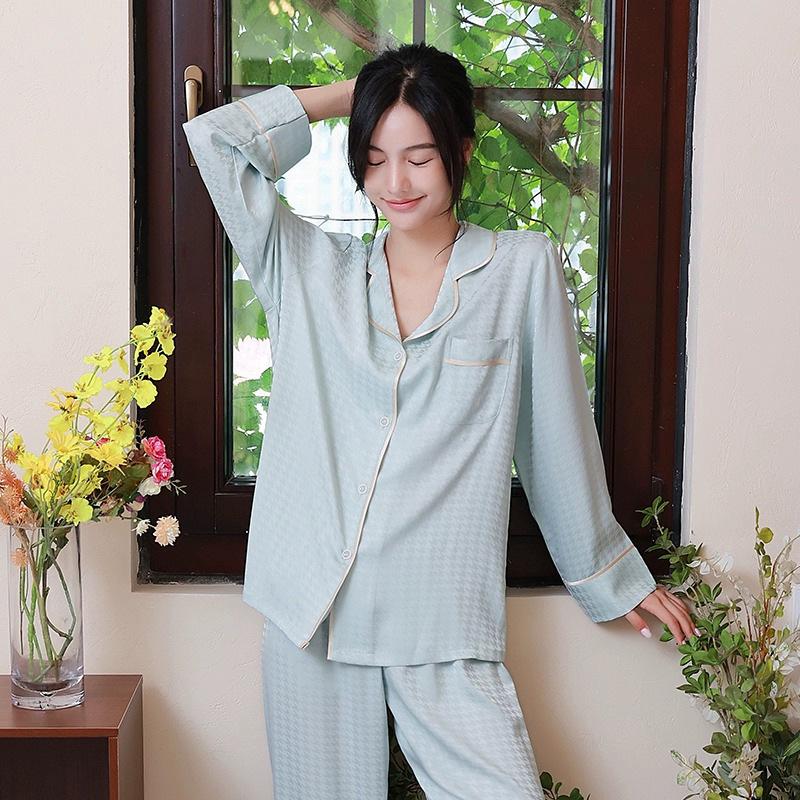 Pajamas Women Thousand Bird Grid Sweet Foreign Lapel Spring And Summer Long-Sleeved Loungewear Two-Piece Set