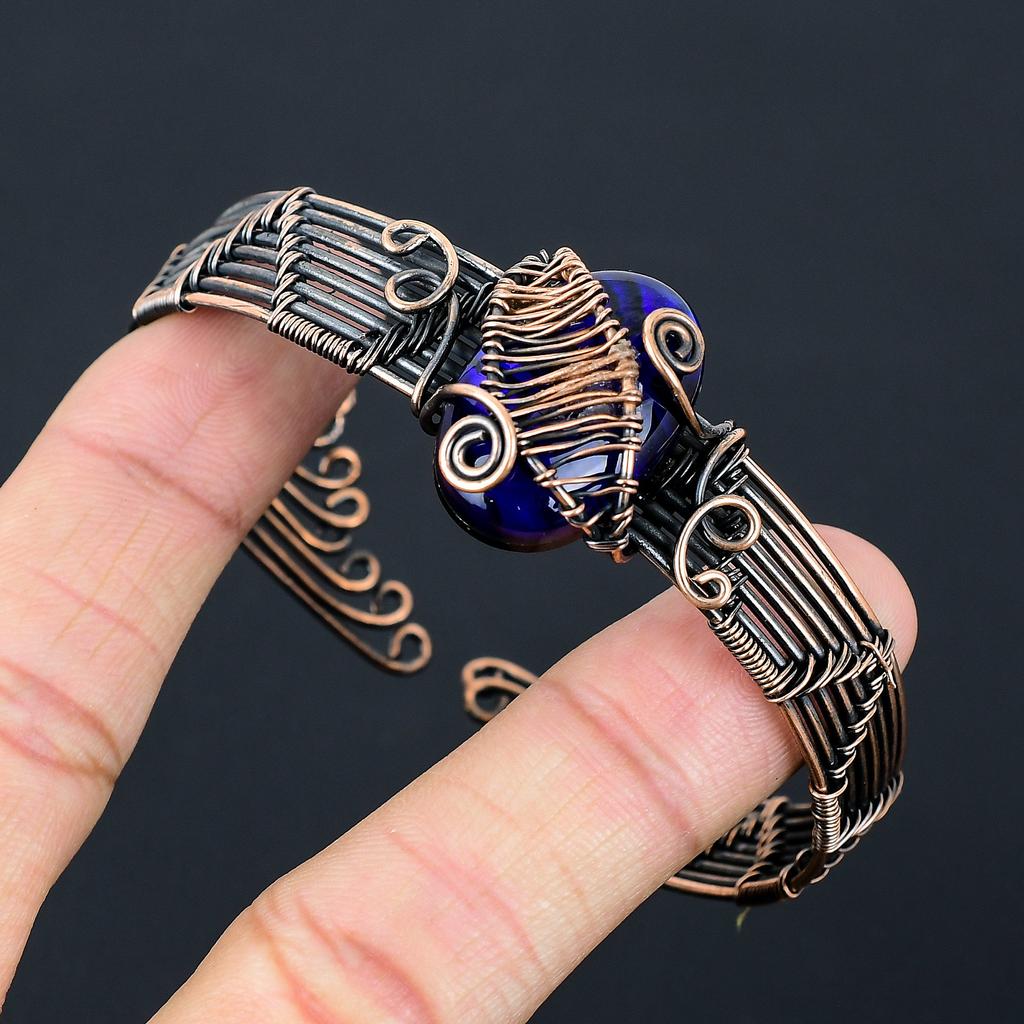 Натуральный синий огненный лабрадорит, драгоценный камень, браслет из медной проволоки, регулируемый O7e47