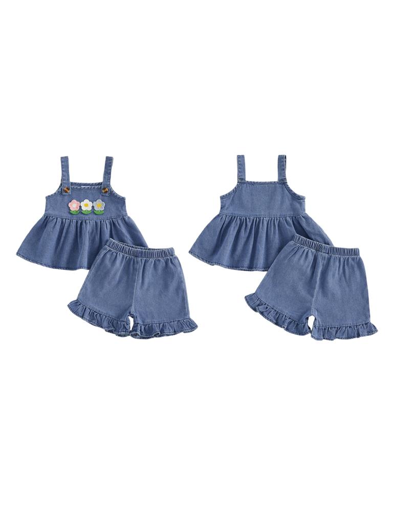 Adorable Infant Girl Floral Denim Ensemble with Sleeveless Babydoll Top and Ruffle Shorts for a Stylish Summer Look