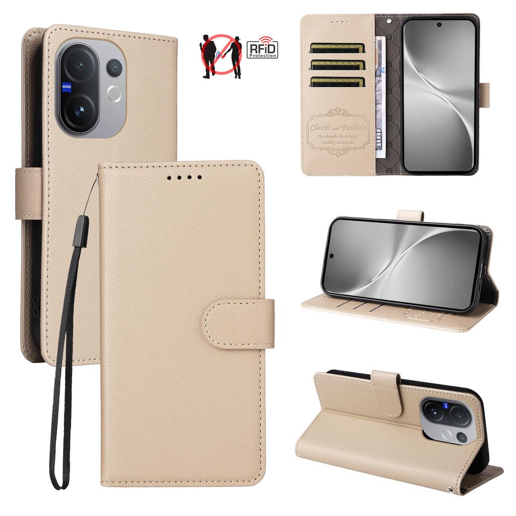 Чехол для vivo V60 5G с блокировкой RFID, 3 слотами для карт, кожаный чехол для телефона из ПУ с ремешком на запястье