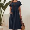 Summer Women's Dress Plus Size Long Solid Colour Round Neck Pocket Pleated Short Sleeve Cotton Linen Dresses