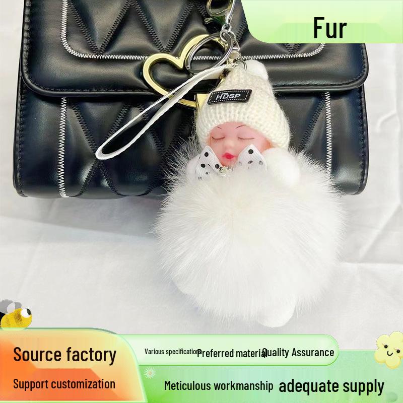 Exquisite Handmade Plush Sleeping Doll Pendant with Faux Mink Fur, Perfect As a Backpack Accessory