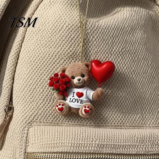 Clear Printed Acrylic Charm Teddy Bear Hanging Ornament, Holding Heart Balloon Red Rose Bouquet Decoration, Cute Backpack Car Rearview Mirror 2D Flat