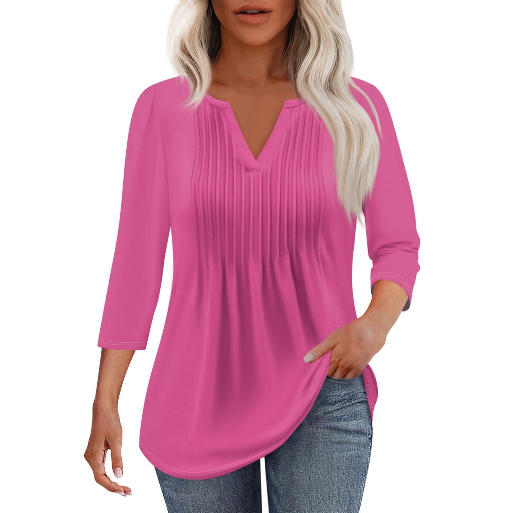 Women's Fashionable Casual Pleated V Neck Solid Color Seven Quarter Sleeve T-shirt Top