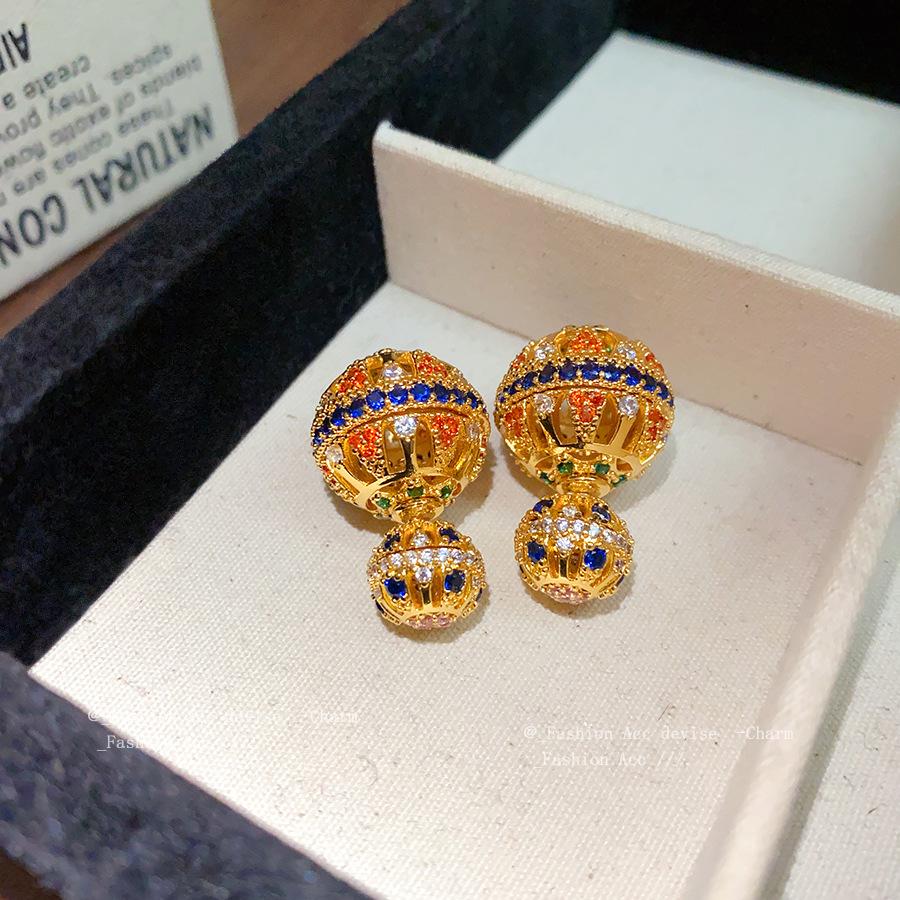 K real gold electroplated silver needle zircon hollow round earrings medieval vintage stud earrings light luxury high-end earrings