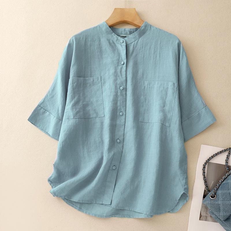 Летняя хлопковая льняная рубашка больших размеров со свободным воротником для женщин