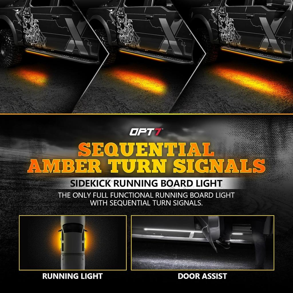 OPT7 Sidekick 78" Running Board Lights 2PCS LED Strips w/Sequential Amber Turn Signal, DRL, White Courtesy Light for Extended Crew Cab Trucks Pickup
