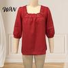 Skin-friendly Fabric Shirt Women Square Collar 3/4 Sleeve Pure Color Casual Loose Fit Tops Blouse Lace Splicing Summer Breathable