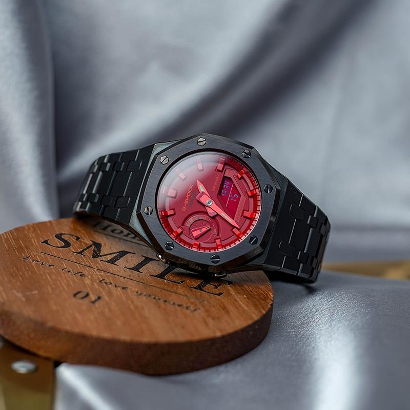 CASIO Customized watch modified series Enzo, waterproof 200 meters, Quartz, Steel Strap, , same style for men and women, red dial GA-2 GA-2100-4A