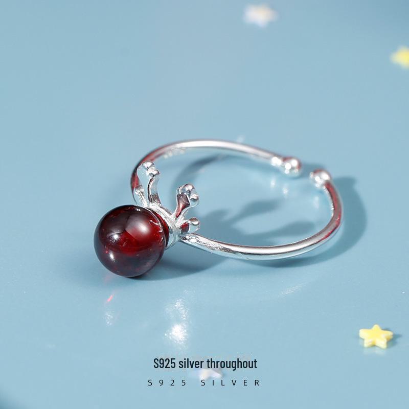 Кольцо Banyan Tree S925 Silver Garnet с рогом оленя - Милое открытое рождественское украшение для женщин