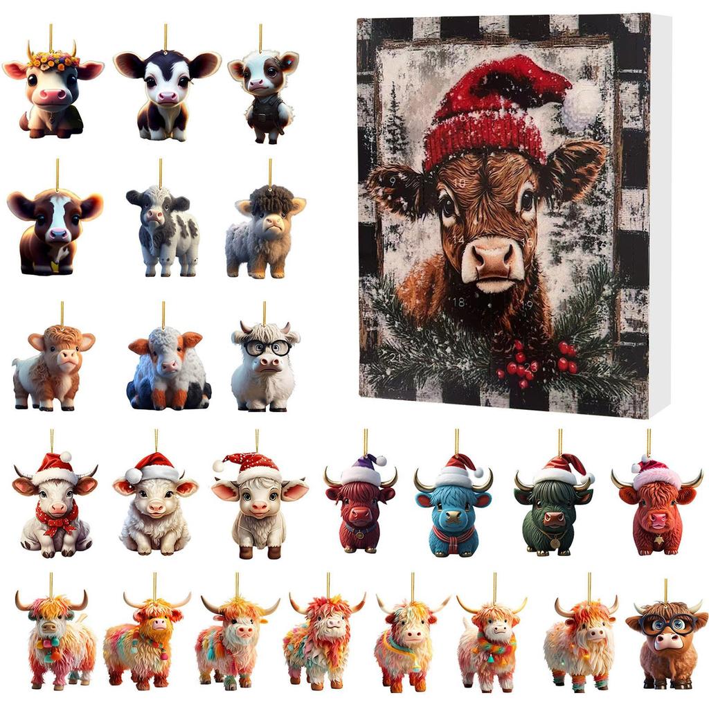 Christmas Advent Calendar Highland Cow Christmas Countdown 24pcs Christmas Tree Highland Cow Pendants Ornament 2D Flat Gift