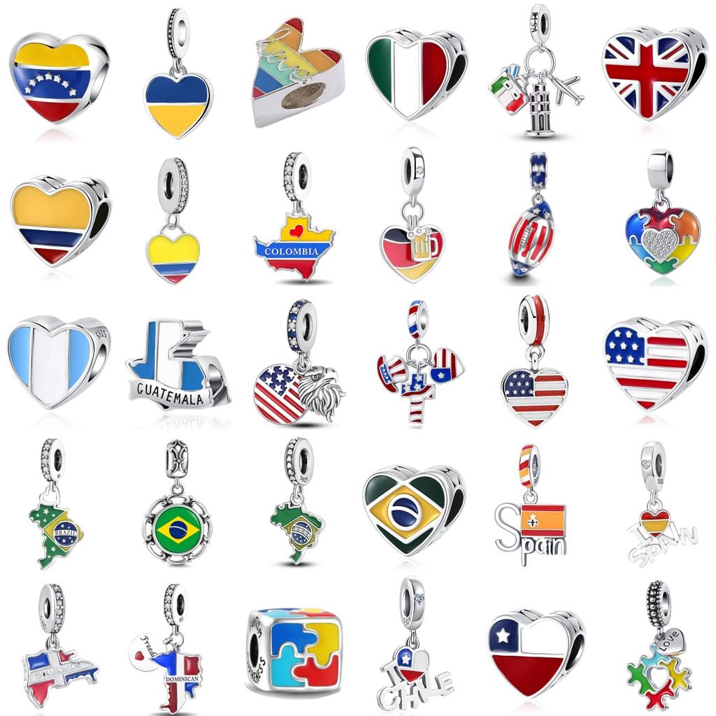 Shiny Zircon Nation Flag Series Charms Brazil Spain USA UK Italy Bead Fit Original Bracelet Women DIY 925 Silver Jewelry