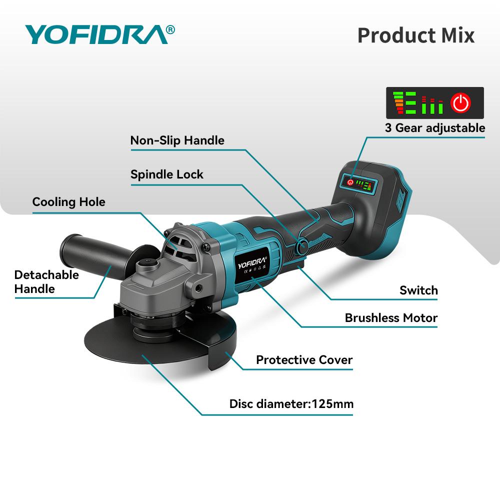 YOFIDRA 125mm Brushless Angle Grinder 20000RPM Cordless Grinding Machine Cutting Woodworking Power Tool For Makita Battery Pin