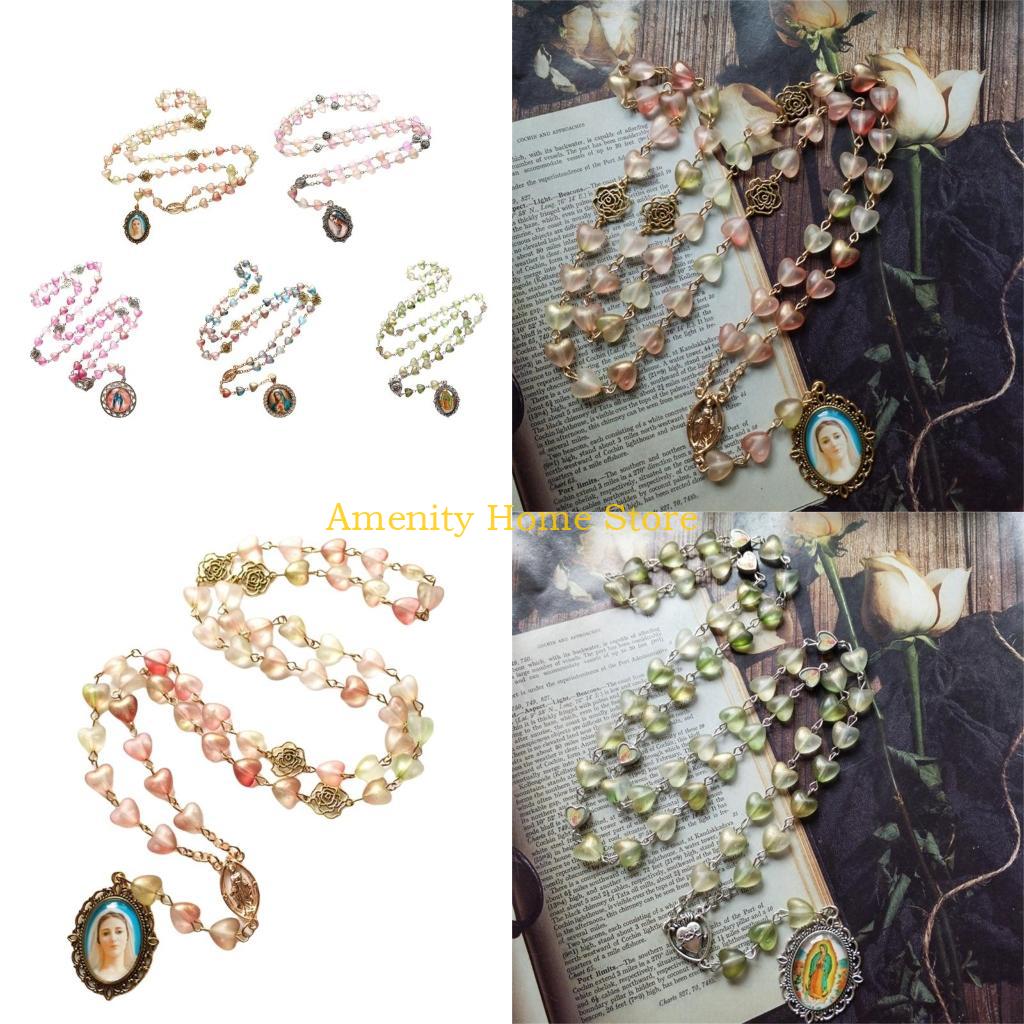 F26C Vintage Hollowed Out Rose Heart Beads Rosary Necklace Christian Prayer Fashion Jewelry Accessories for Stylish Women Men