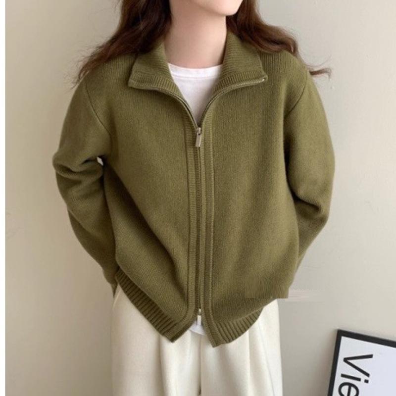 Fashion Double-zip Stand Collar Sweater Coat Women Solid Color Casual Knitted Cardigan Korean Style Autumn Winter Sweater