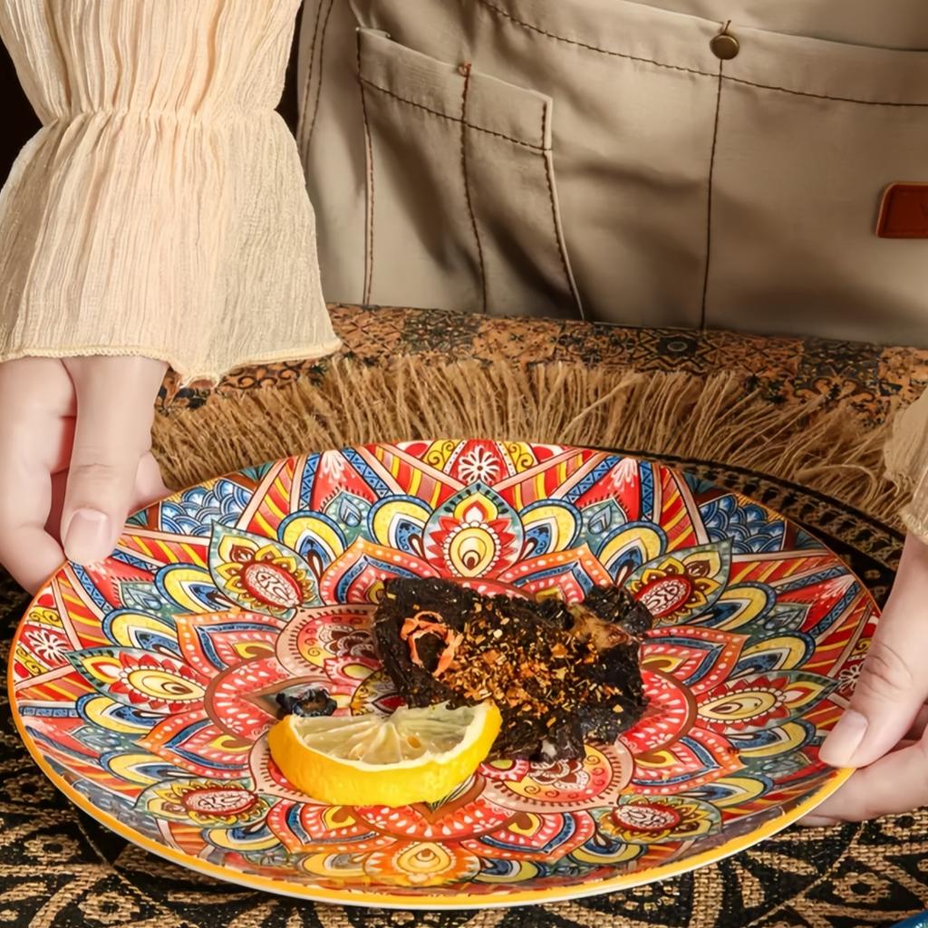 Круглая керамическая тарелка в богемном стиле Креативная неглубокая тарелка Изысканная тарелка для стейка высокого класса Тарелка для пасты 10 дюймов