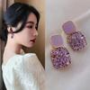 Needle Purple Personality Square Rhinestone Dripping Oil New Temperament Net Red Earrings Wedding Gift Jewelry