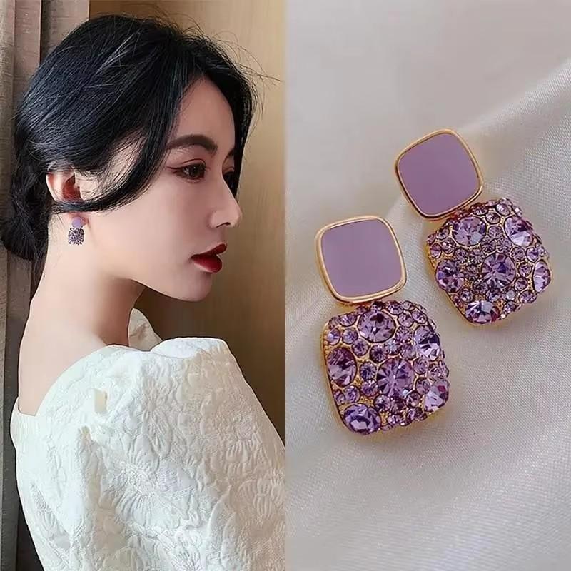 Needle Purple Personality Square Rhinestone Dripping Oil New Temperament Net Red Earrings Wedding Gift Jewelry