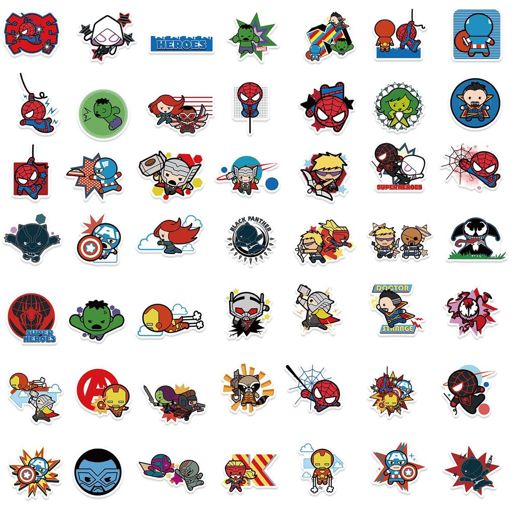 50 Sheets Q Version Avengers Waterproof Cartoon Stickers for Scrapbook Decoration, Self-Adhesive.