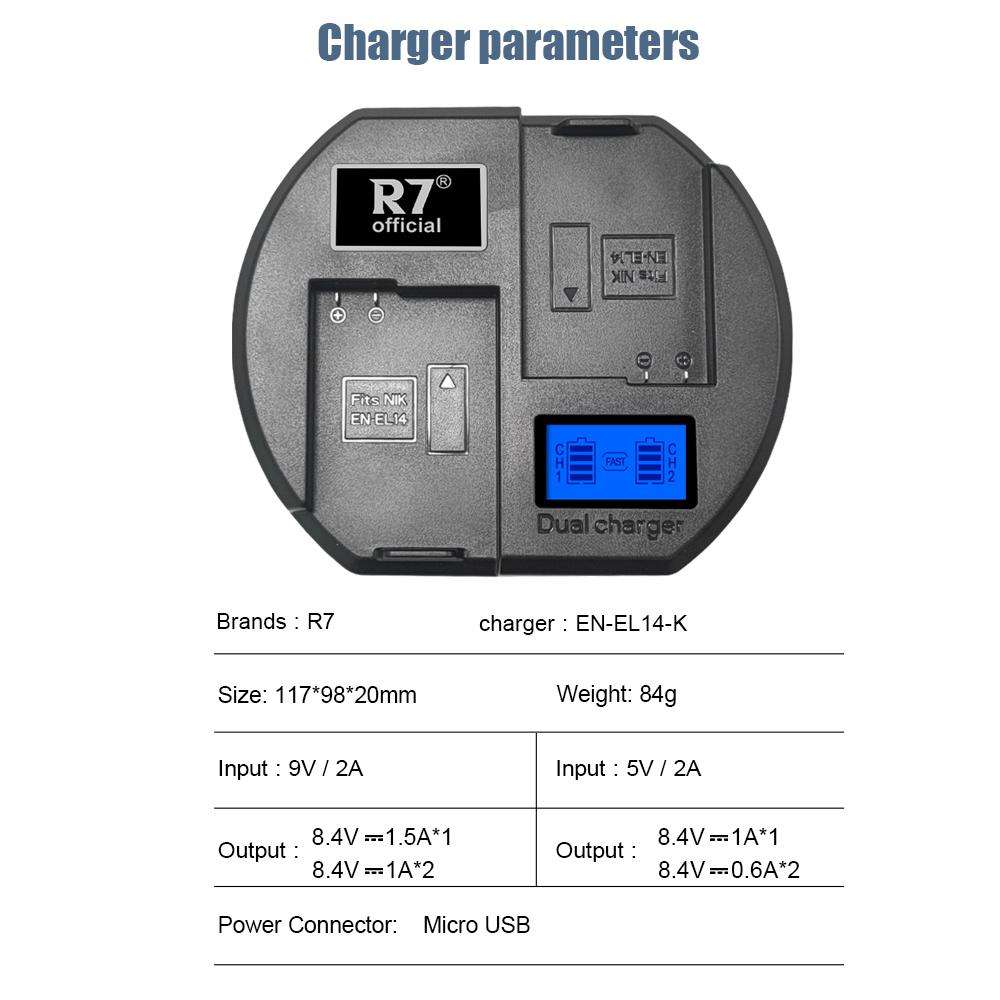 Двухканальное зарядное устройство R7 с 4 батареями EN-EL14/EN-EL14a для Nikon D3100-D5300, ЖК-дисплей и USB-кабель в подарок
