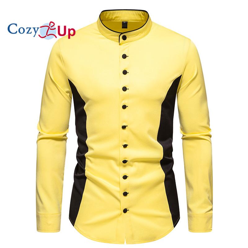 Cozy Up Мужская классическая рубашка с воротником-стойкой, новая лоскутная рубашка с длинным рукавом, мужская деловая повседневная рубашка-смокинг в социальном стиле 2XL