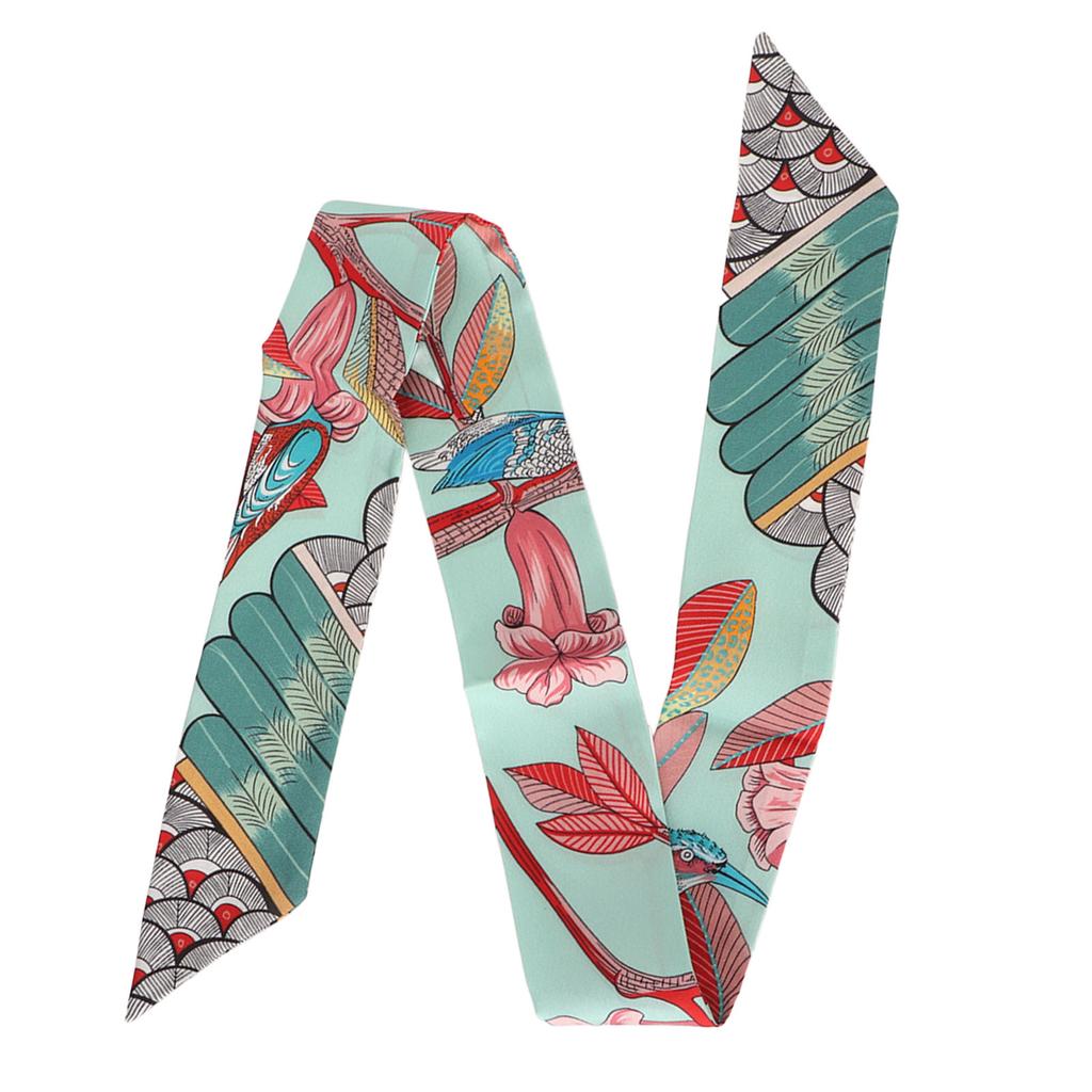 Silk Scarf Print Light Blue Thin Long Romantic Elegant Silky Skin Friendly Hair Neck Scarf Hairband for Women