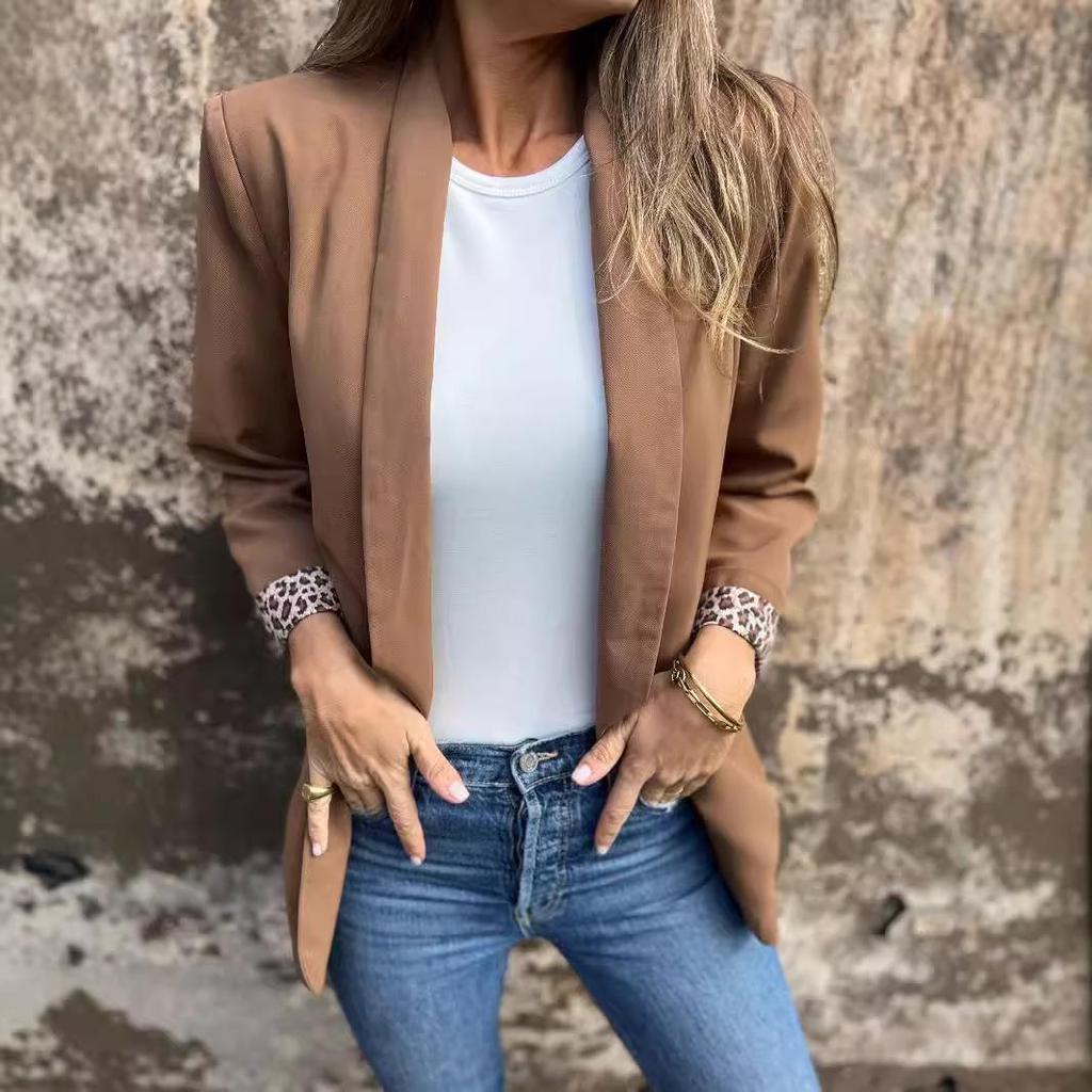 2024 Women's Leopard Print Patchwork Long-Sleeve Blazer Jacket for Autumn/Winter