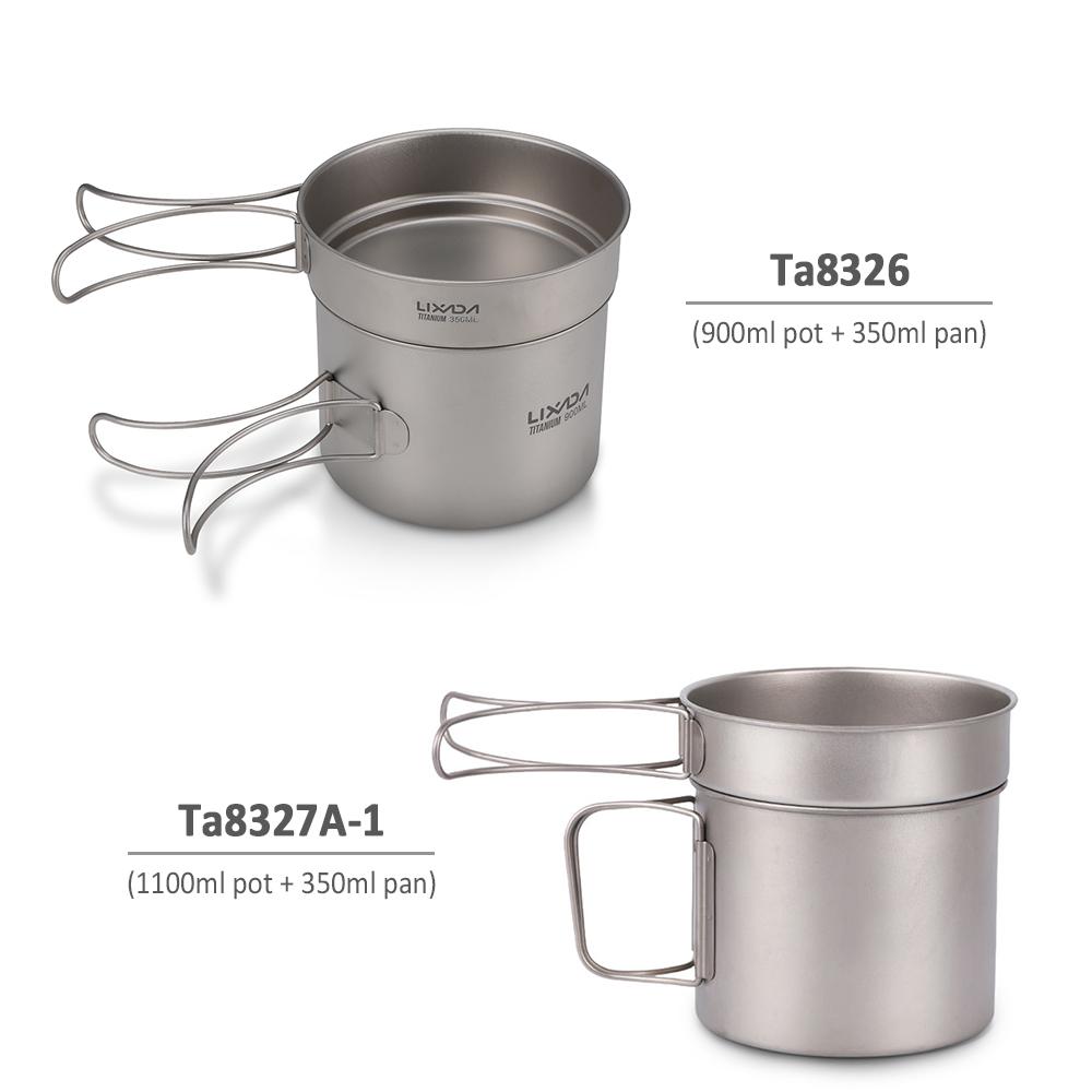 Lixada Ultralight Titanium Cookset Outdoor Camping Cookware Set 900ml Pot and 350ml Fry Pan with Folding Handles