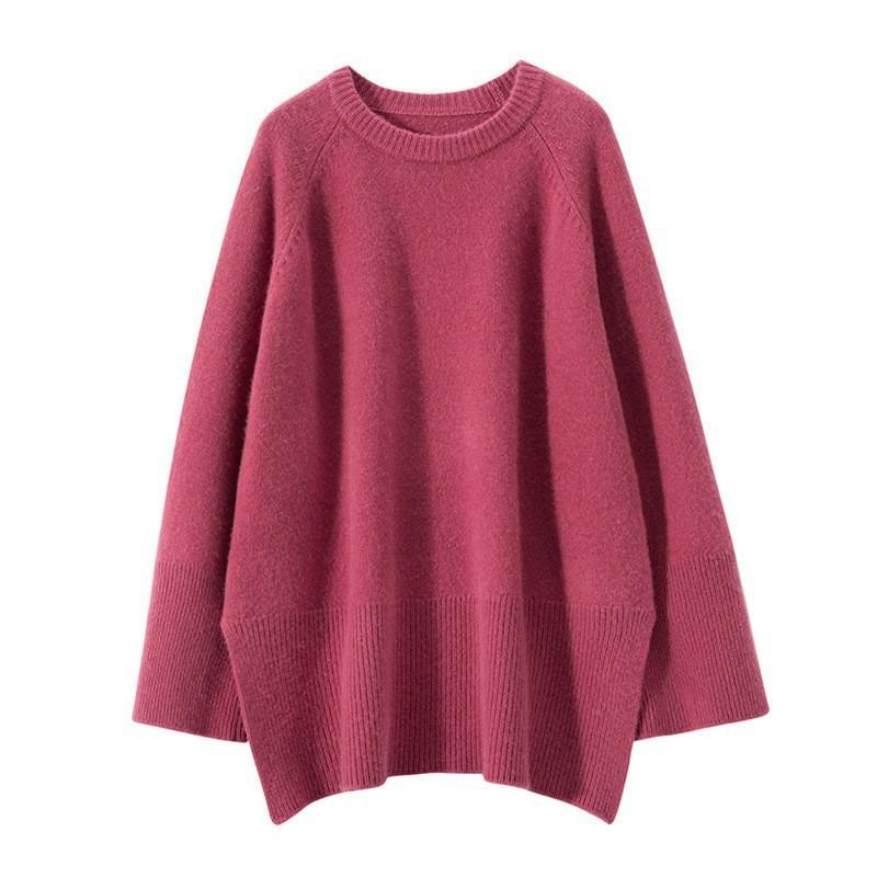 Lazy Wind Round Neck Loose Large Size Sweater Women's Autumn and Winter New Casual Hem Split Knitted Sweater Women