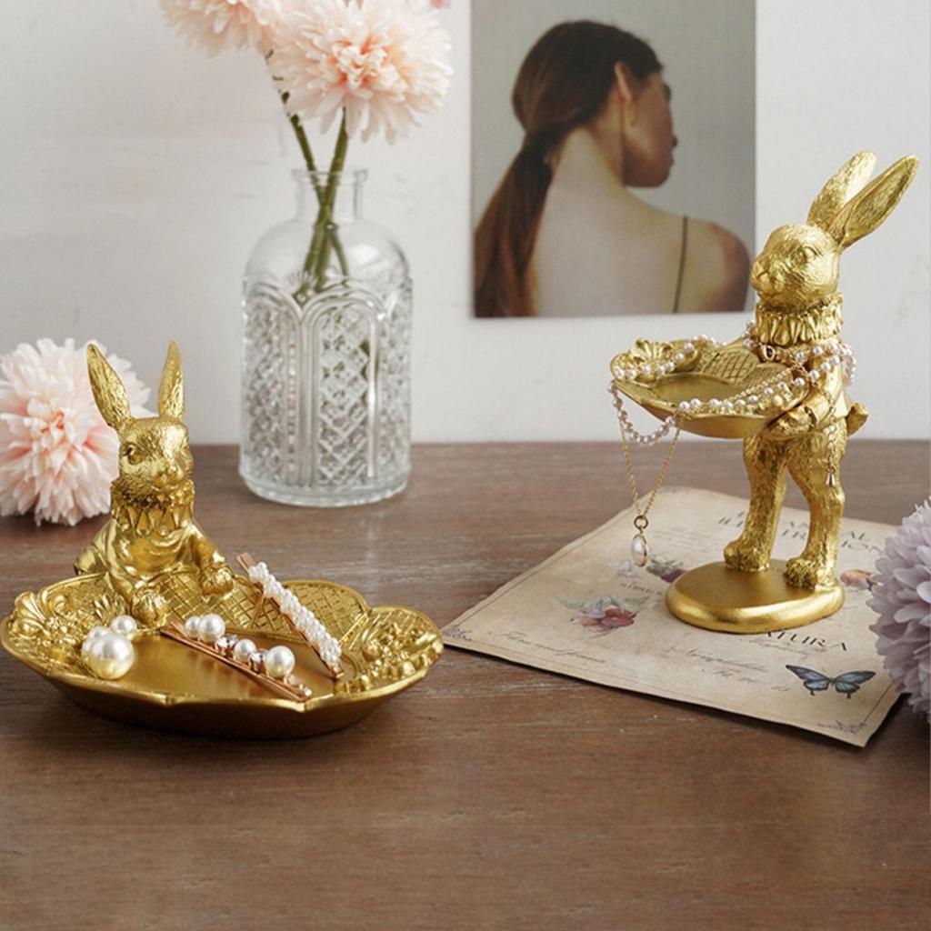 Small Bunny Statue Decor Jewelry Tray, Cute & Retro Golden Ornament Easter Rabbit Figurine for Accessories, Boutiques Display,Night Stand Home Décor