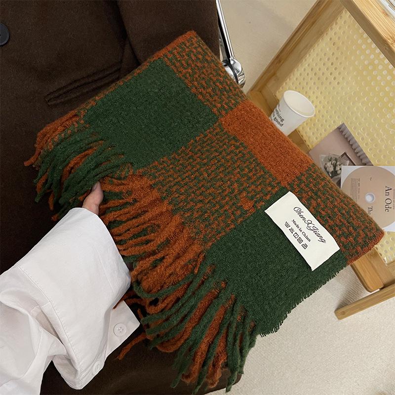 Thick Imitation Cashmere Large Checkered Tassel Scarf for Girls in Autumn and Winter Retro Long Shawl Showing Face Small Warm Scarf