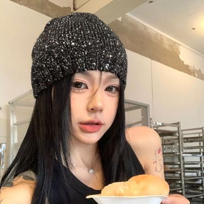 Шапка-бини с бантом, ажурная вязаная шапка в стиле ретро с пайетками, осенняя