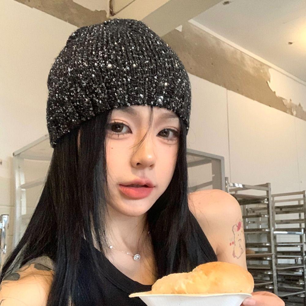 Vintage Beanie Hat Bowknot Woven Cap Fashion Sequin Knitted Hat Autumn
