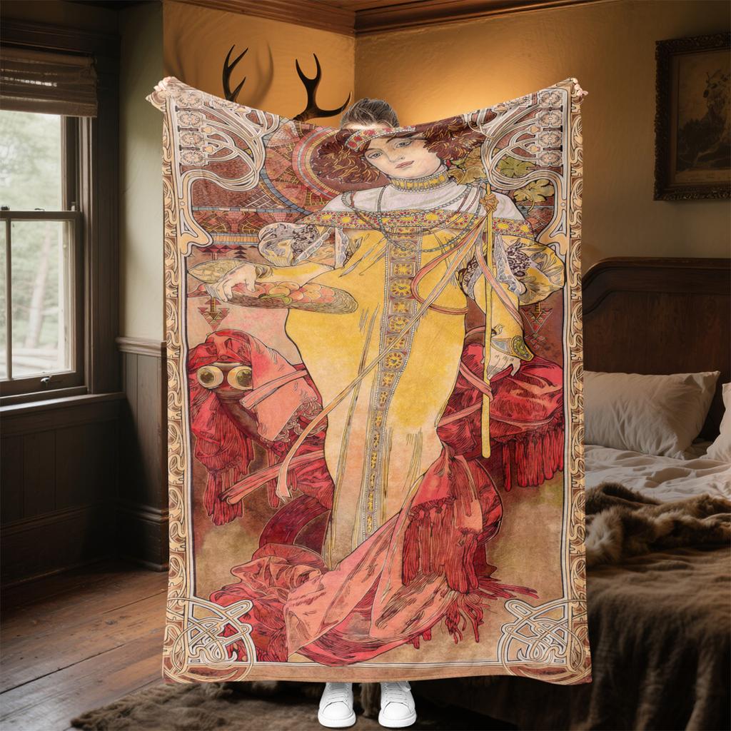 1pc Alphonse Mucha's The Four Seasons blanket, al season lightweigh Poster blanket home office outdoor nap multifunc Poster blanketional blanket