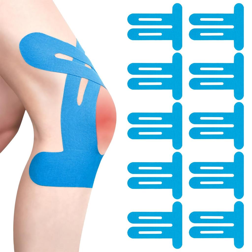 Pack Of 10 Blue PreCut Knee, Kinesiology Tape, Without Shere, Waterproof & Elastic Physio Tape For Knee Pain