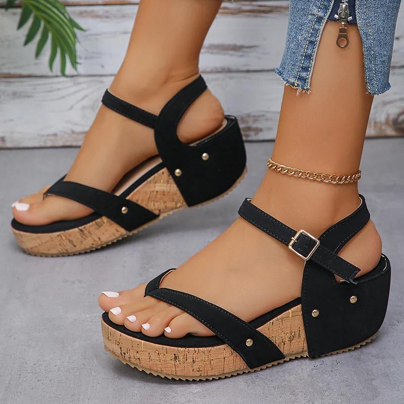 Fashion Clip Toe Wedge Heel Roman Sandals for WomenThick Sole Beach Shoes 2025 Summer Woman White Ankle Strap Chunky Platform Sandalias