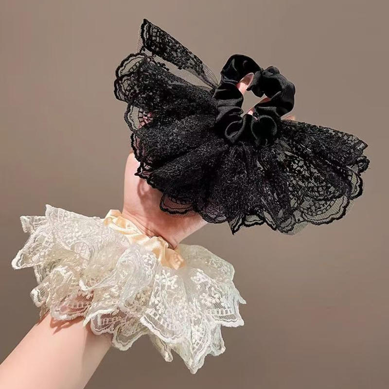 Кружевные резинки для волос для женщин, двухслойные, с цветком, галстуком-бабочкой, длинной лентой, большими оборками, эластичные, модные, изысканные, милые аксессуары для волос для девочек