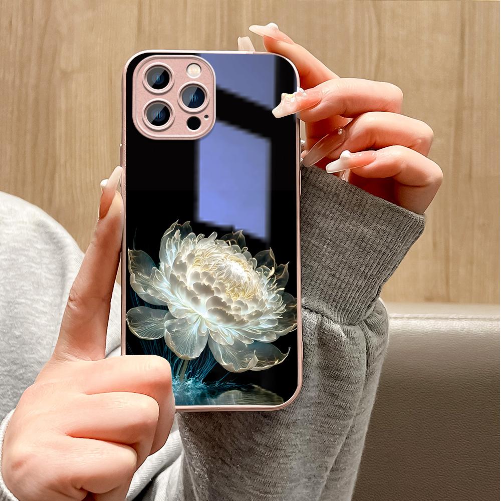 Чехол для телефона с цветком белого пиона, металлический лак из закаленного стекла, противоударный чехол для Huawei Honor iPhone OPPO Realme OnePlus Xiaomi Redmi Samsung Vivo