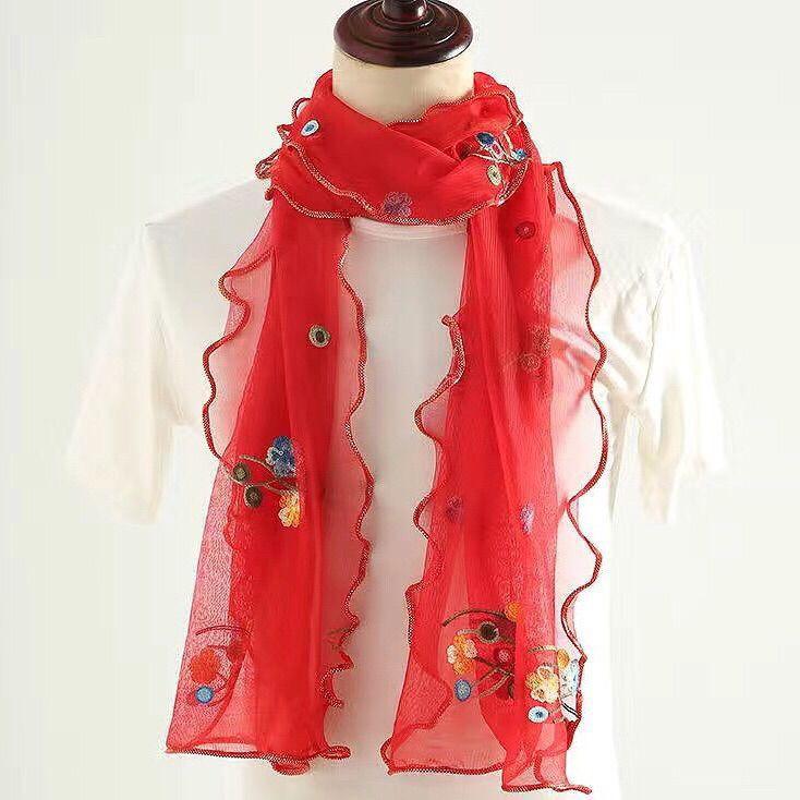 Lotus Leaf Edge Embroidered Wrapped Scarf Women's Long and Versatile High Elasticity Embroidered Scarf Silk Scarf