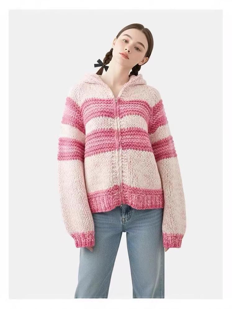 Chunky Knit Wool Color Block Stripe Cardigan Coat - Handmade for Autumn/Winter