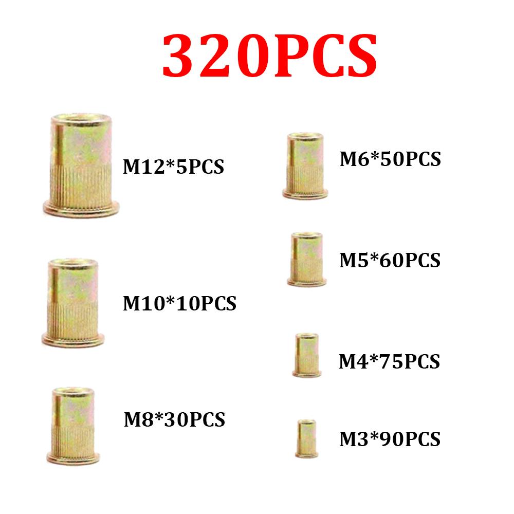 320PCS Zinc-Plated Rivet Nut Assortment M3-M12  Flat Head Vertical KnurledThreaded Rivet Insert Nutsert Cap Rivet Nu Sett