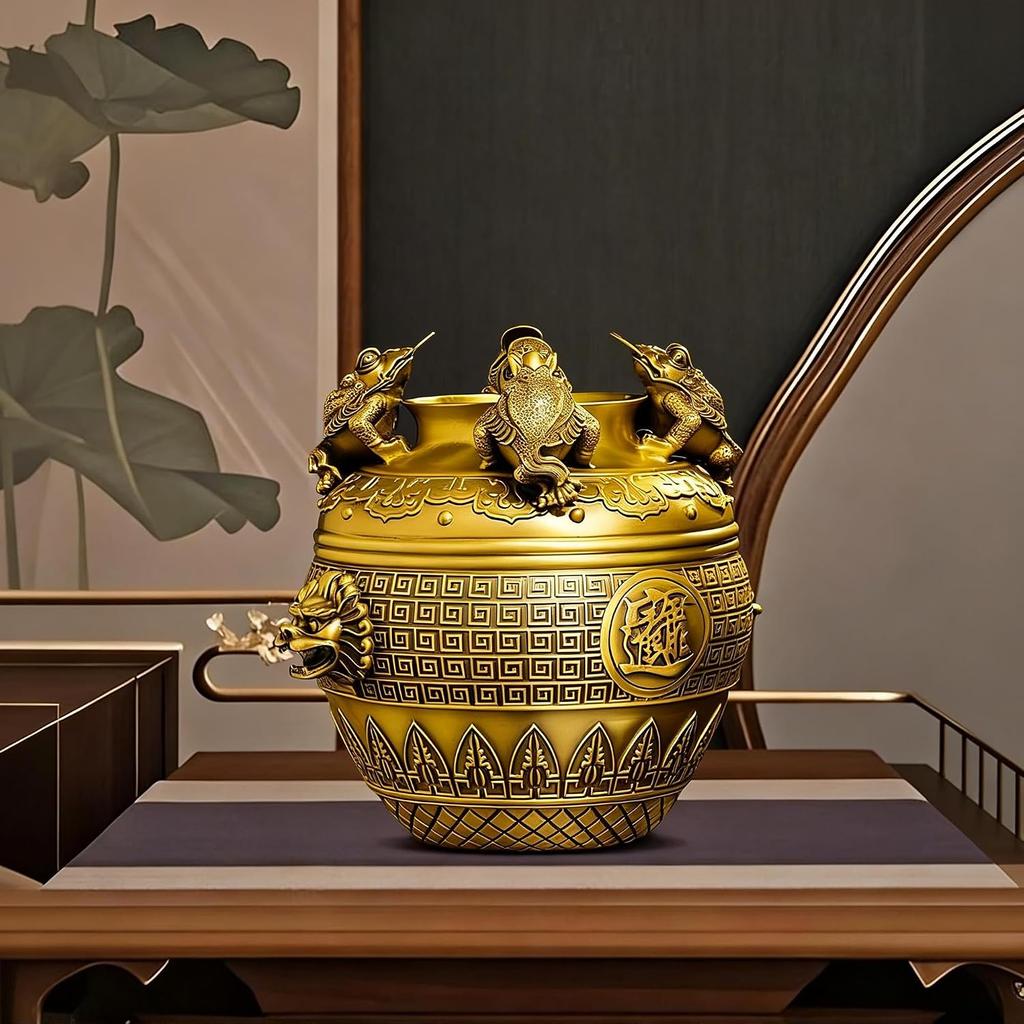 Aris & Juno Brass Treasure Bowl with Money Toad Feng Shui Statue – Chinese Wealth & Good Luck Figurine for Entryway, Home Office Desk or Shelf
