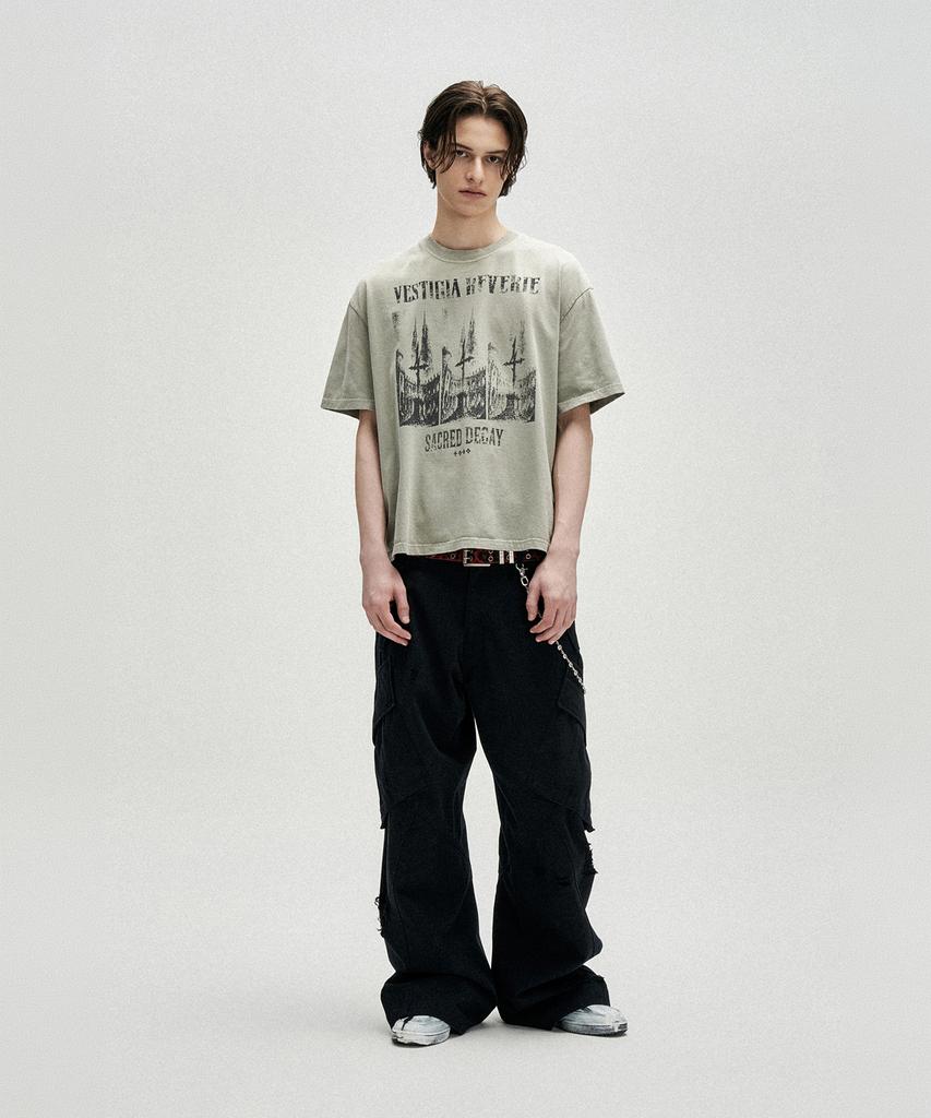 NOT4NERD Triple Sanctuary Bleach Washed Loose Cropped T-Shirts - Beige