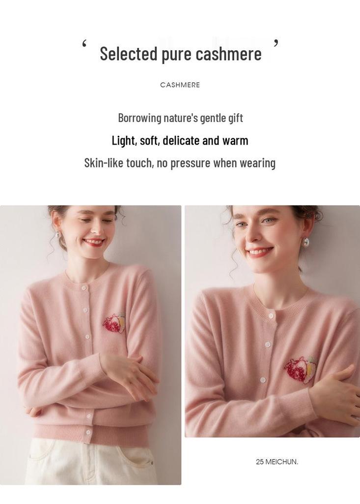 Soft, Skin-Friendly 100% Cashmere Knit Round Neck Cardigan, Single-Breasted Jacquard Commuter Top