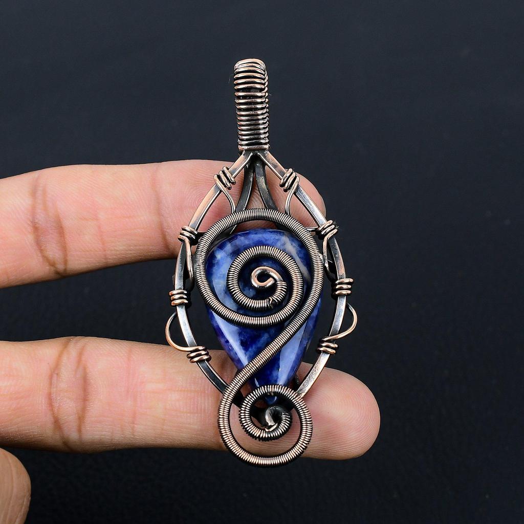 Драгоценный камень содалит, чистая медная проволока, обернутая подвеской ручной работы, ювелирное изделие, подарок для нее