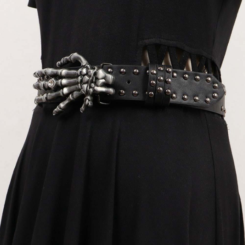 Cool Skull Wide Waistband Y2K Skeleton Fingers Belt Strap Buckle Black Rivet Belt  Couple