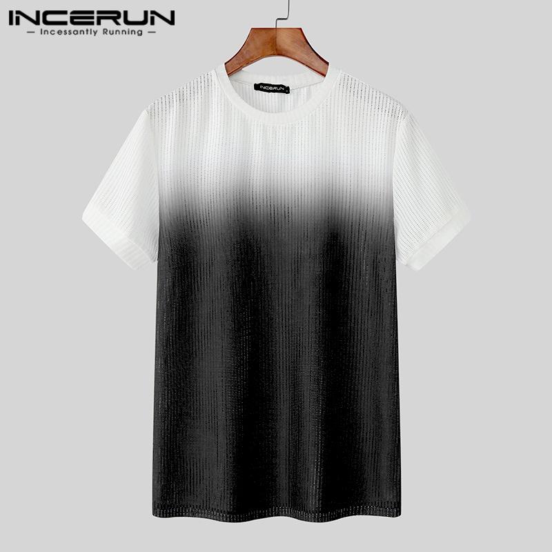 INCERUN Мужские футболки с коротким рукавом, градиентные, с вырезами, повседневные, свободные