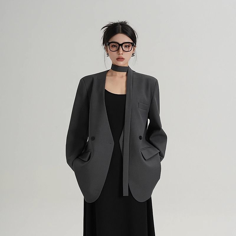 Trendy Oversized V-Neck Suit Coat for Women, Loose Fit Lazy Style V-Neck Suit Outerwear
